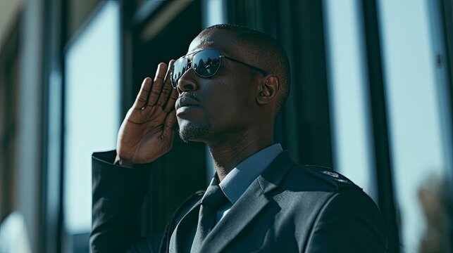 Confident Man in Business Suit Wearing Sunglasses Near Glass Window