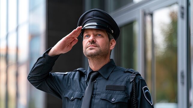 Police Officer Saluting Outside Building in Uniform During Daylight