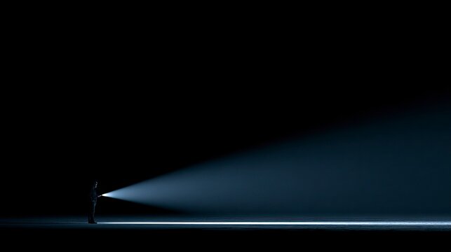 Individual Person Standing in Dark Space with Bright Flashlight and Long Shadow