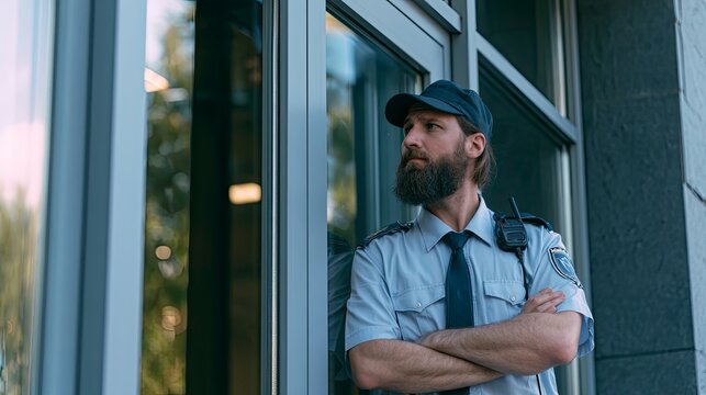 Security Guard Standing Outside Building with Arms Crossed and Looking Away
