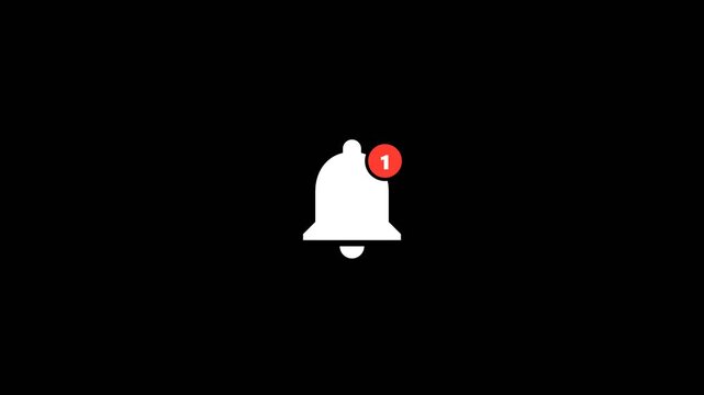 Isolated white notification bell ringing animation with red badge on solid black background motion overlay