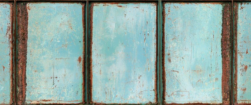 Close-up of weathered blue metal surface with rust and peeling paint for industrial design backgrounds