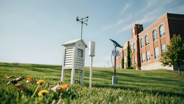 Weather station with anemometer and wind vane stands on a grassy hill