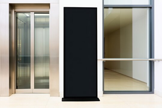 Modern glass elevator and blank black advertising display stand in a corporate office lobby.