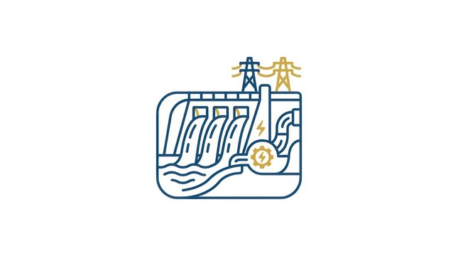 Hydroelectric power station icon with flowing water and electricity generation system