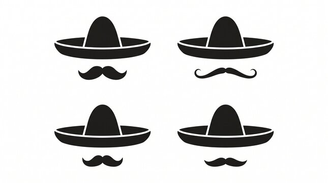 Four black silhouettes of sombreros with mustaches arranged neatly, emphasizing cultural style and character.