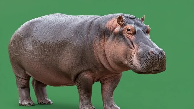 A majestic hippopotamus standing calmly against a solid green background