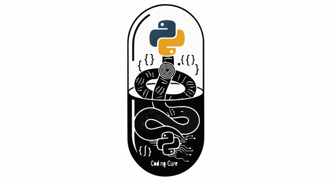 Python programming snake coiled inside a medical capsule, symbolizing coding as a solution or cure.