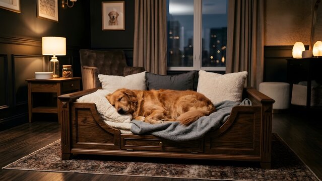 Golden retriever dog sleeping peacefully on a luxurious wooden dog bed in a stylish room at night.