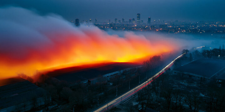An aerial view captures a vibrant orange cloud or fog bank rolling across a city skyline at dusk, illuminated by an unseen light source.
