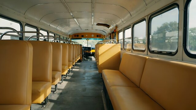 Empty school bus interior features golden yellow vinyl seats and window views