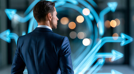 Fototapeta premium Problem solving strategy and corporate decision making concept, faceless businessman evaluating multiple business paths, defocused background, with copy space