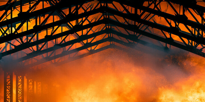 The interior of a large industrial building engulfed in flames. Smoke billows around the exposed steel structure of the roof