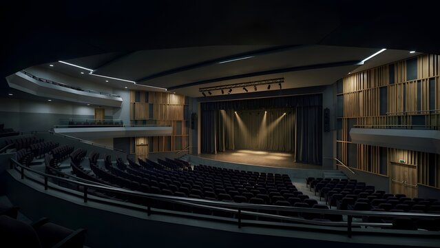 Empty theater auditorium with dark blue seats and illuminated stage is presented