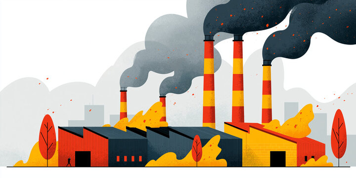 A stylized illustration of a factory complex emitting plumes of dark smoke from its tall, striped chimneys. The industrial scene is depicted with vibrant colors and exaggerated forms.