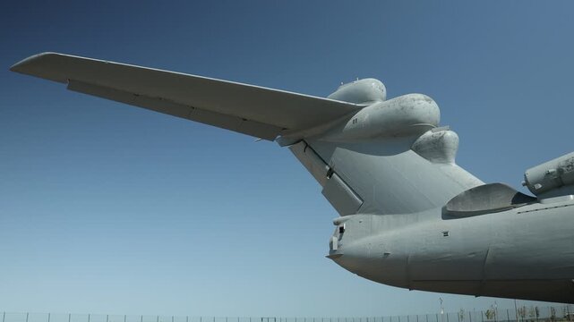 August 8, 2020, Derbent, Russia. Project 903 Lun ekranoplan missile ship. A plane's tail section on a runway, ideal for transportation or aviation themes