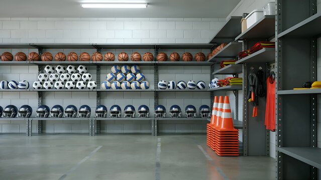Organized sports equipment fills a spacious locker room with gray shelving