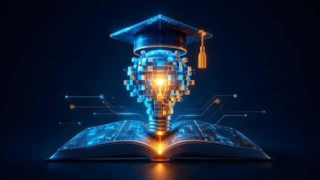 Digital knowledge and innovative education, symbolized by a glowing lightbulb wearing a graduation cap, rising from an open circuit board book.