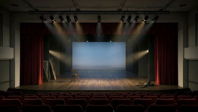 Empty theater stage with red curtains and focused spotlights illuminates performance space