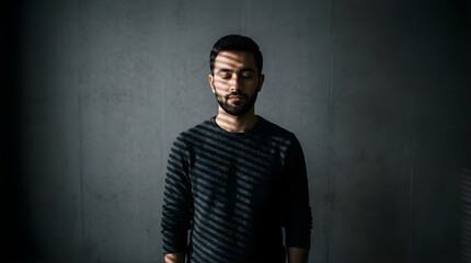 Obraz premium Portrait of a bearded man with closed eyes standing in shadows and light