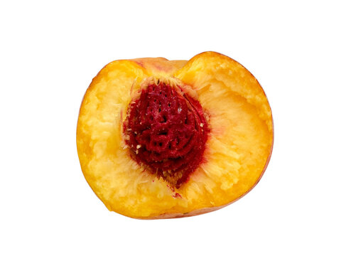 Top view macro photo of a sweet ripe peach half with pit isolated on transparent background PNG