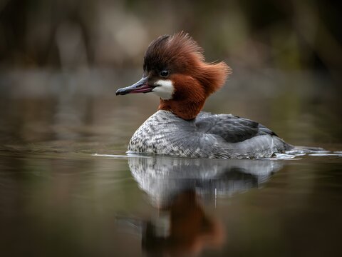 Male common merganser duck swimming calmly in clear freshwater lake with green foliage background