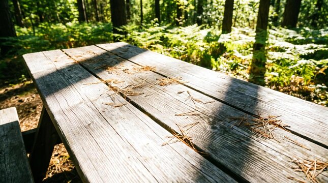 The Image Shows A Wooden Picnic Table In The Middle Of A Forest The Table Is Made Of Light-colored Wood And Has A Rectangular Shape The Surface Of