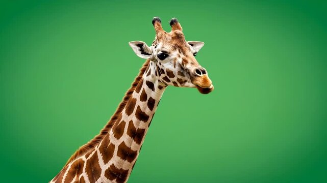 A majestic giraffe portrait captured against a vibrant solid green background