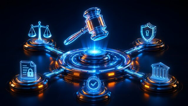 Futuristic digital legal framework visualizing justice, cybersecurity, and regulatory compliance through an interconnected glowing hub, symbolizing modern data protection and governance.