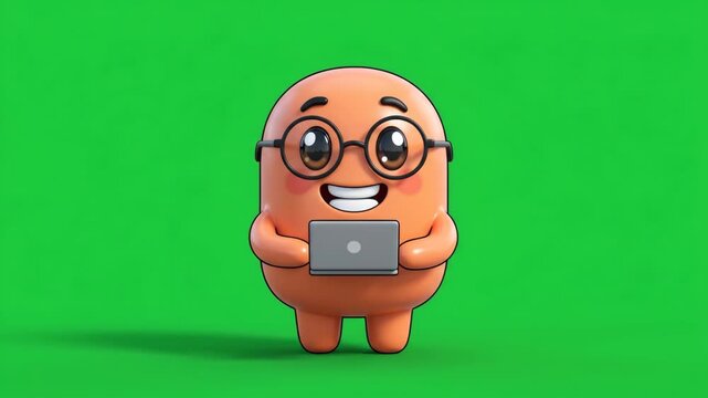 Cute cartoon character with glasses holding a laptop, standing on a green screen background, 3D rendering.