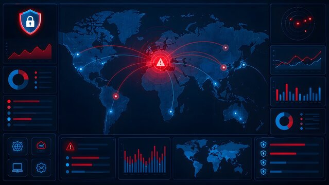 Global cyber security threat map showing spreading digital network attacks and data breaches across continents with real-time analytics.