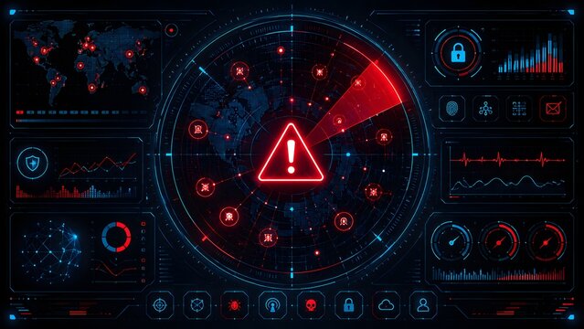 Global cybersecurity warning with red alert icon on a futuristic digital interface, showcasing data breaches and network threats across a world map.