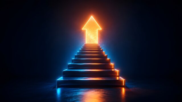 Glowing abstract staircase ascending towards a bright upward arrow, representing ambitious progress, future growth, success, and opportunities on a path to achievement.