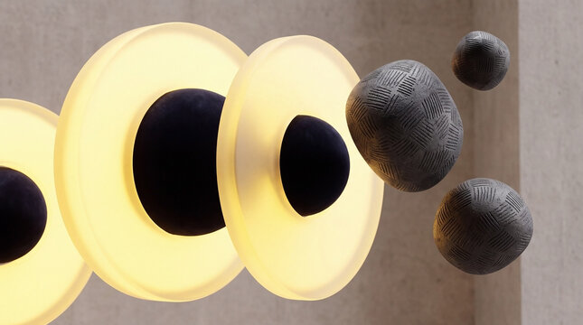Abstract composition of glowing yellow discs and dark spheres