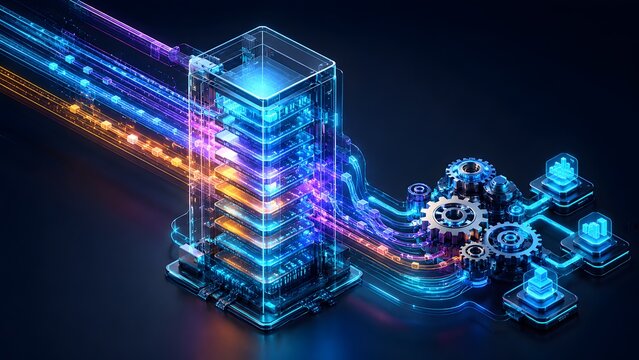Futuristic server rack processing vast datasets, with vibrant data streams, interconnected networks, and powerful AI integration driving seamless digital transformation.