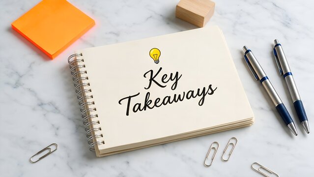 Spiral notebook displaying key takeaways text with a bright yellow lightbulb icon resting on a white marble surface surrounded by modern office supplies and pens