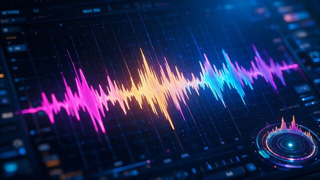Glowing digital sound wave visualizer displaying vibrant pink and orange frequencies on dark high tech computer interface screen with blurred background and abstract glowing grid lines