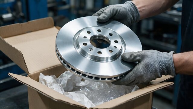 Skilled worker holding shiny new circular metal brake disc removed from cardboard shipping box inside industrial automotive factory workshop with bright professional lighting during daytime shift