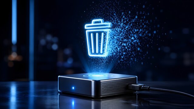 Securely deleting digital data with a futuristic glowing recycle bin icon projected from a sleek device, representing privacy, cleanup, and information management.