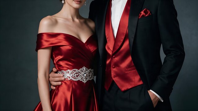 Elegant couple dressed in formal evening attire featuring a vibrant red silk satin dress and matching tuxedo vest worn against a neutral dark grey studio background