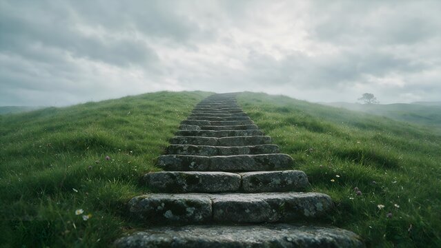 Ancient stone stairs ascending a grassy green hill under a dramatic cloudy sky capture a sense of mystery and spiritual journey towards an unknown peaceful horizon