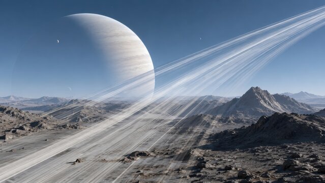 Surreal landscape of a rocky alien terrain with a massive gas giant and its rings visible in the sky, distant moons orbiting in the background