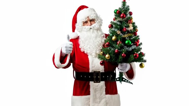 Santa claus holding a decorated christmas tree and giving a thumbs up gesture