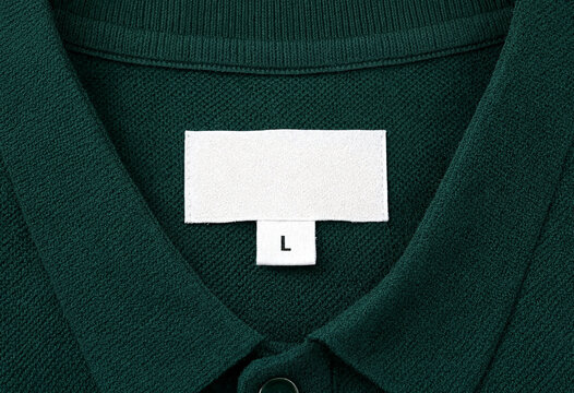 Closeup view of a green polo shirt collar with a blank label tag and size marker