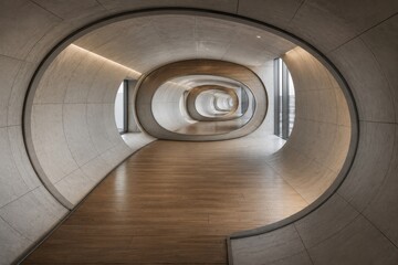 Fototapeta premium Modern architectural interior featuring a series of curved concrete hallways with wooden flooring and large windows allowing natural light to enter the space