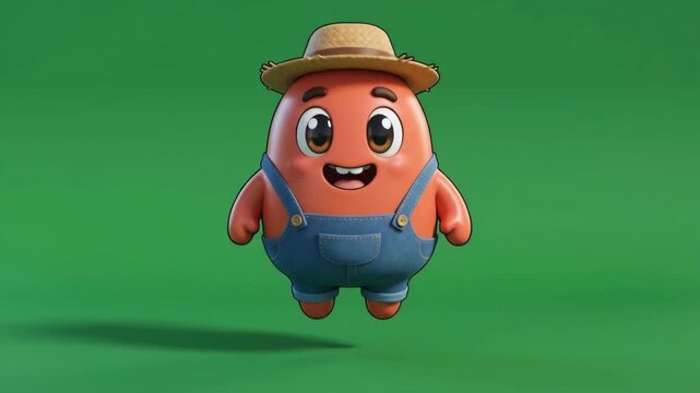 Cute 3D cartoon character in overalls and straw hat, floating on a green background, representing a farmer or gardener.