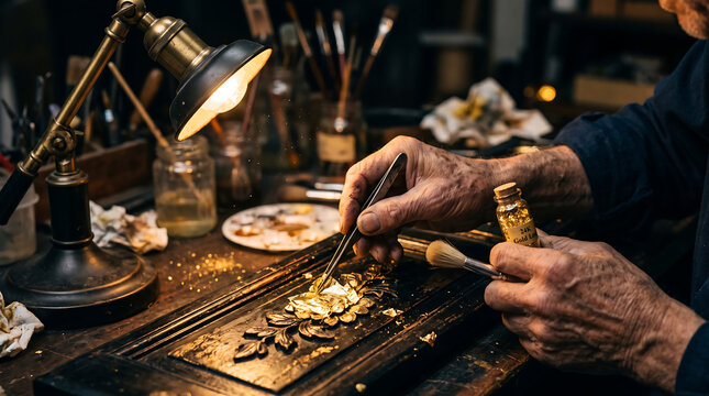 Close up of a goldsmith meticulously working on a delicate floral gold leaf design in a warmly lit workshop environment