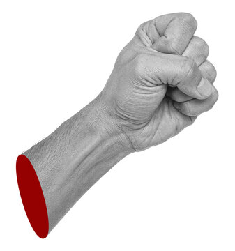 Male hand clenched fist. Fight and resistance concept. Confidence and determination symbol. Surreal collage artwork.
