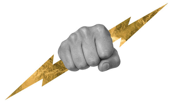 Male hand with golden lightning bolt. Power symbol collage. Strength and energy concept. Surreal monochrome artwork.