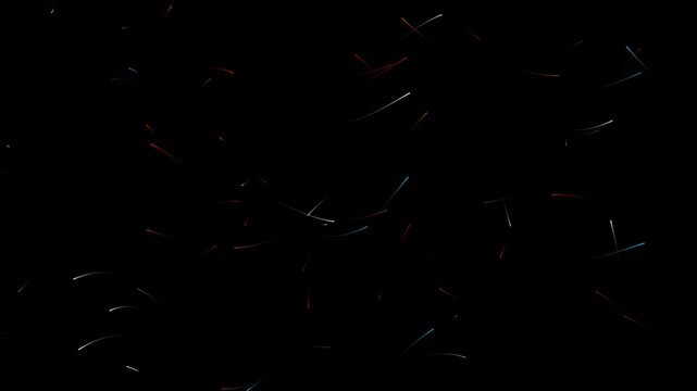 Abstract dark background featuring floating glowing light streaks moving in rhythmic patterns for digital visual effects and motion graphic design.